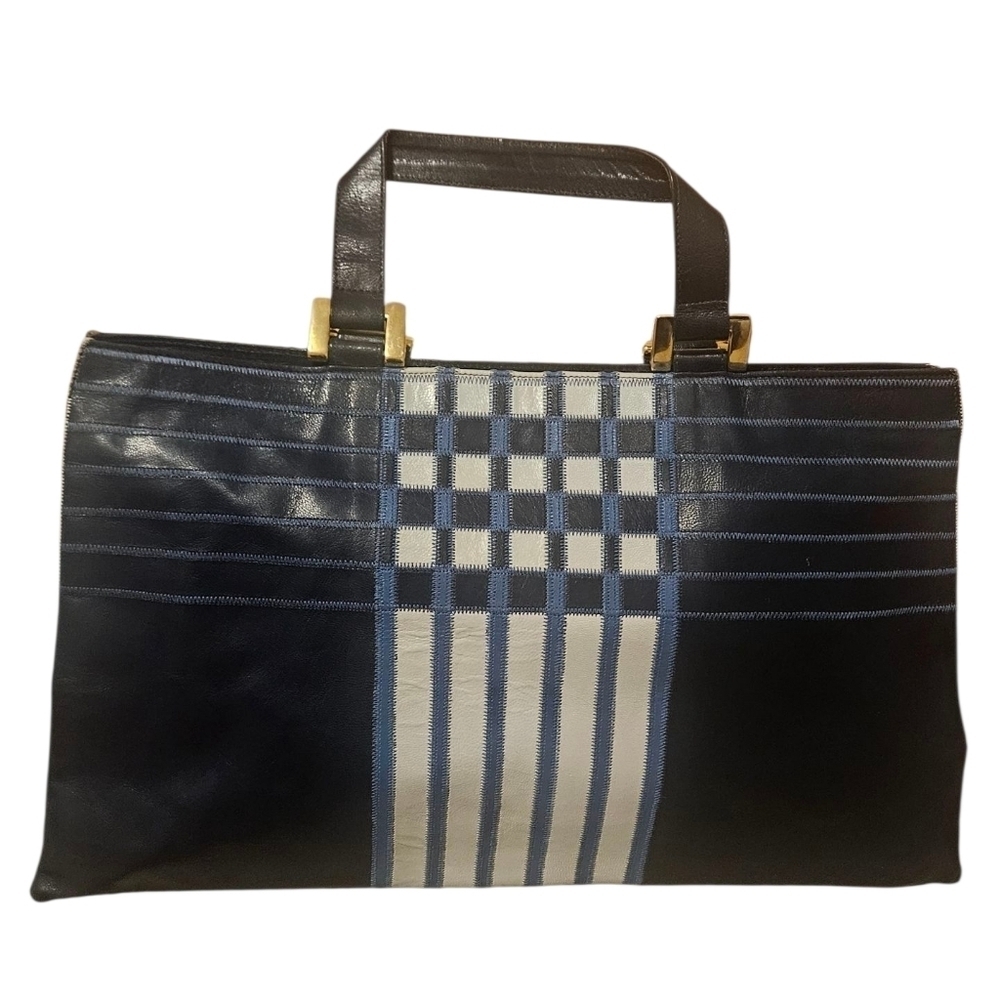 Vintage Braccialini Firenze Navy Blue Plaid Leather Tote Portfolio Bag Italy
